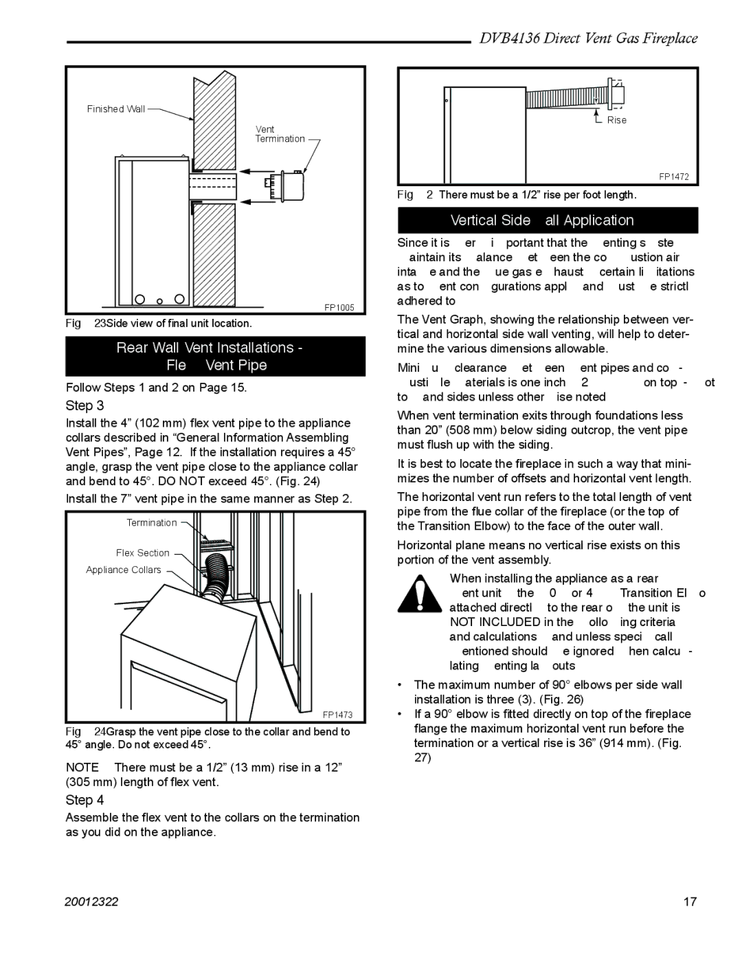 Majestic Appliances DVB4136 manual Rear Wall Vent Installations Flex Vent Pipe, Vertical Sidewall Application 