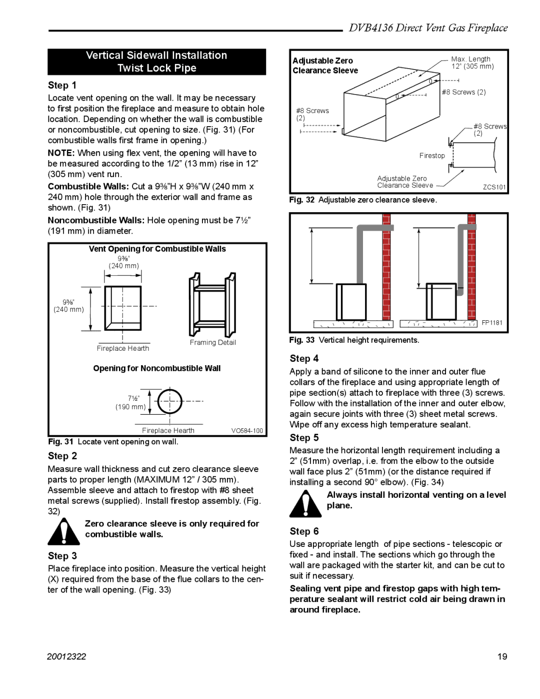 Majestic Appliances DVB4136 manual Vertical Sidewall Installation Twist Lock Pipe 