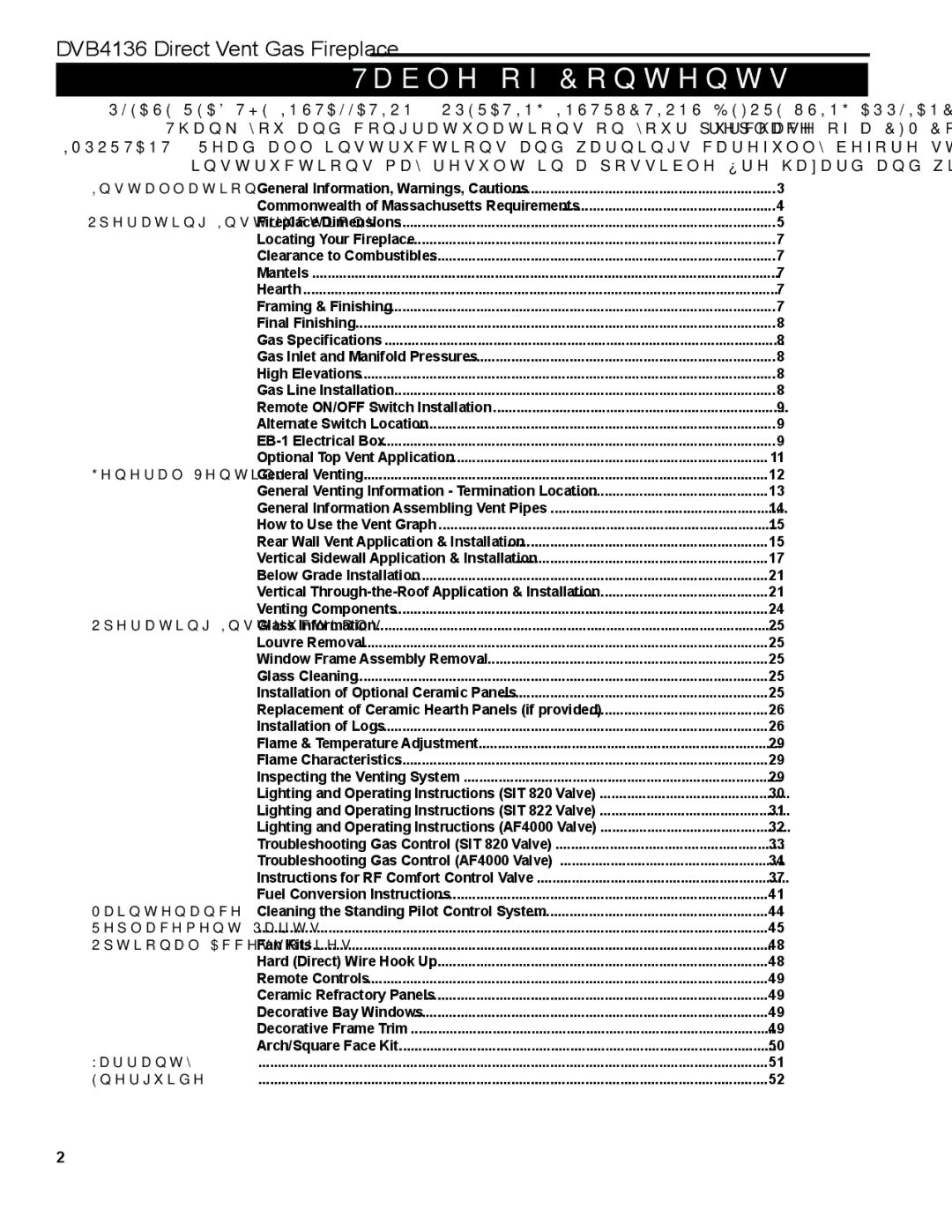 Majestic Appliances DVB4136 manual Table of Contents 