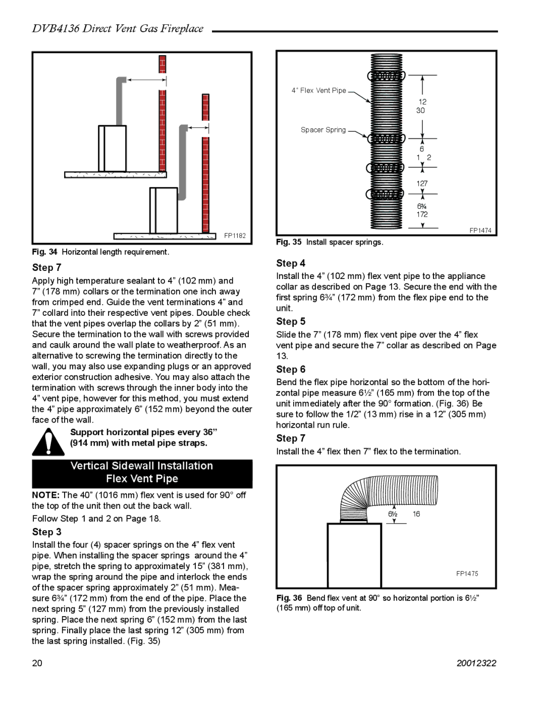 Majestic Appliances DVB4136 manual Vertical Sidewall Installation Flex Vent Pipe, Horizontal length requirement 