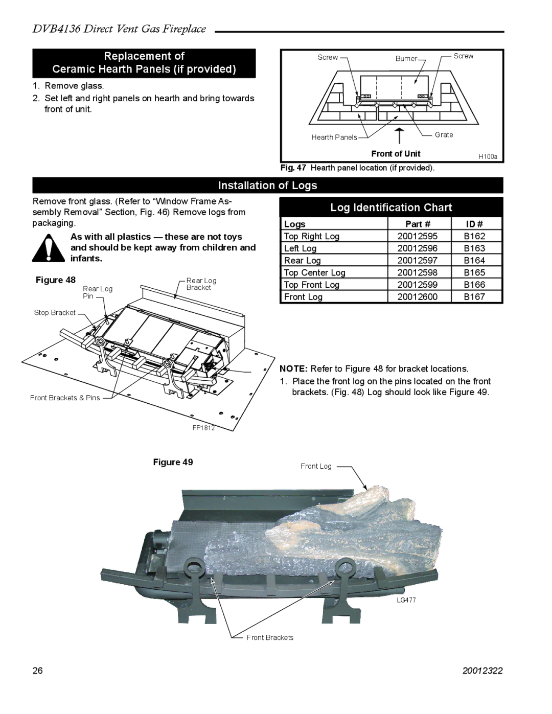 Majestic Appliances DVB4136 Replacement Ceramic Hearth Panels if provided, Installation of Logs, Log Identiﬁcation Chart 