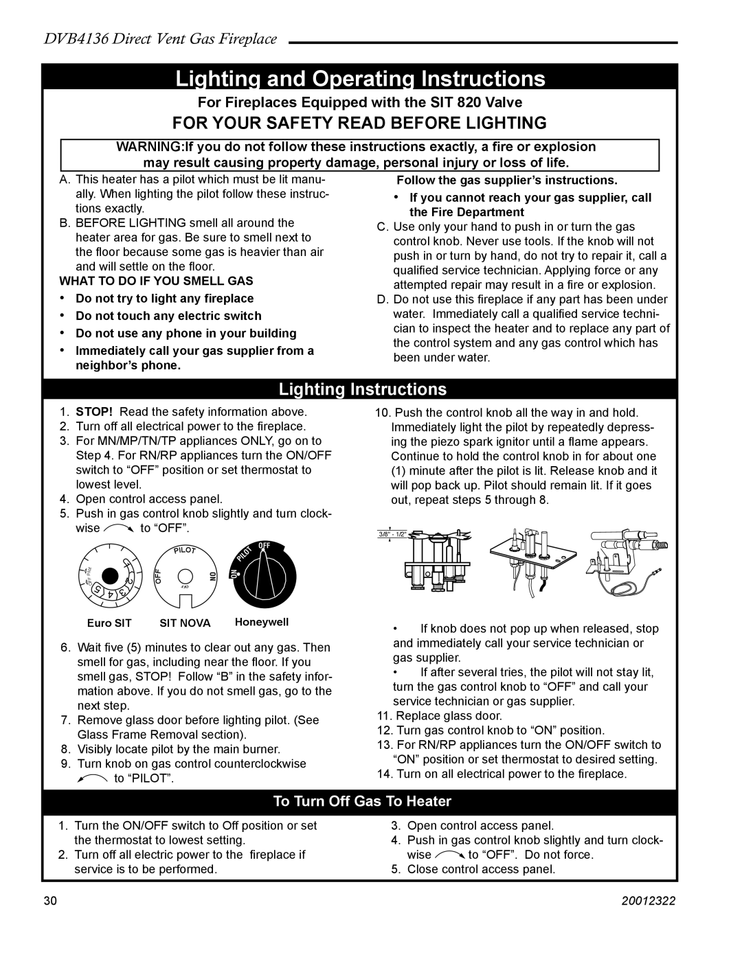 Majestic Appliances DVB4136 manual Lighting and Operating Instructions, For Fireplaces Equipped with the SIT 820 Valve 