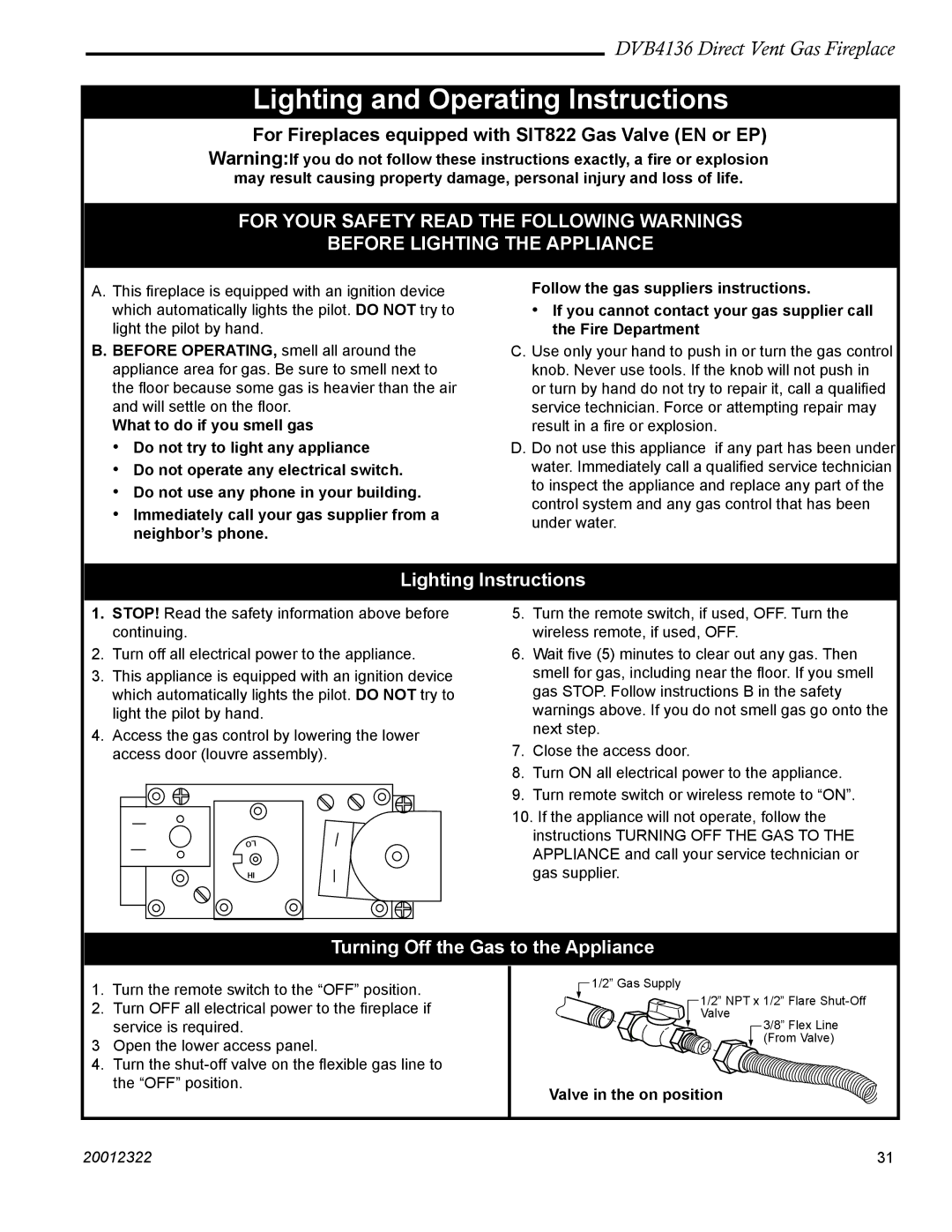 Majestic Appliances DVB4136 manual Lighting Instructions, Turning Off the Gas to the Appliance, Valve in the on position 