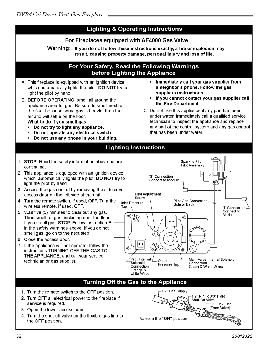 Majestic Appliances DVB4136 manual Lighting & Operating Instructions, For Fireplaces equipped with AF4000 Gas Valve 