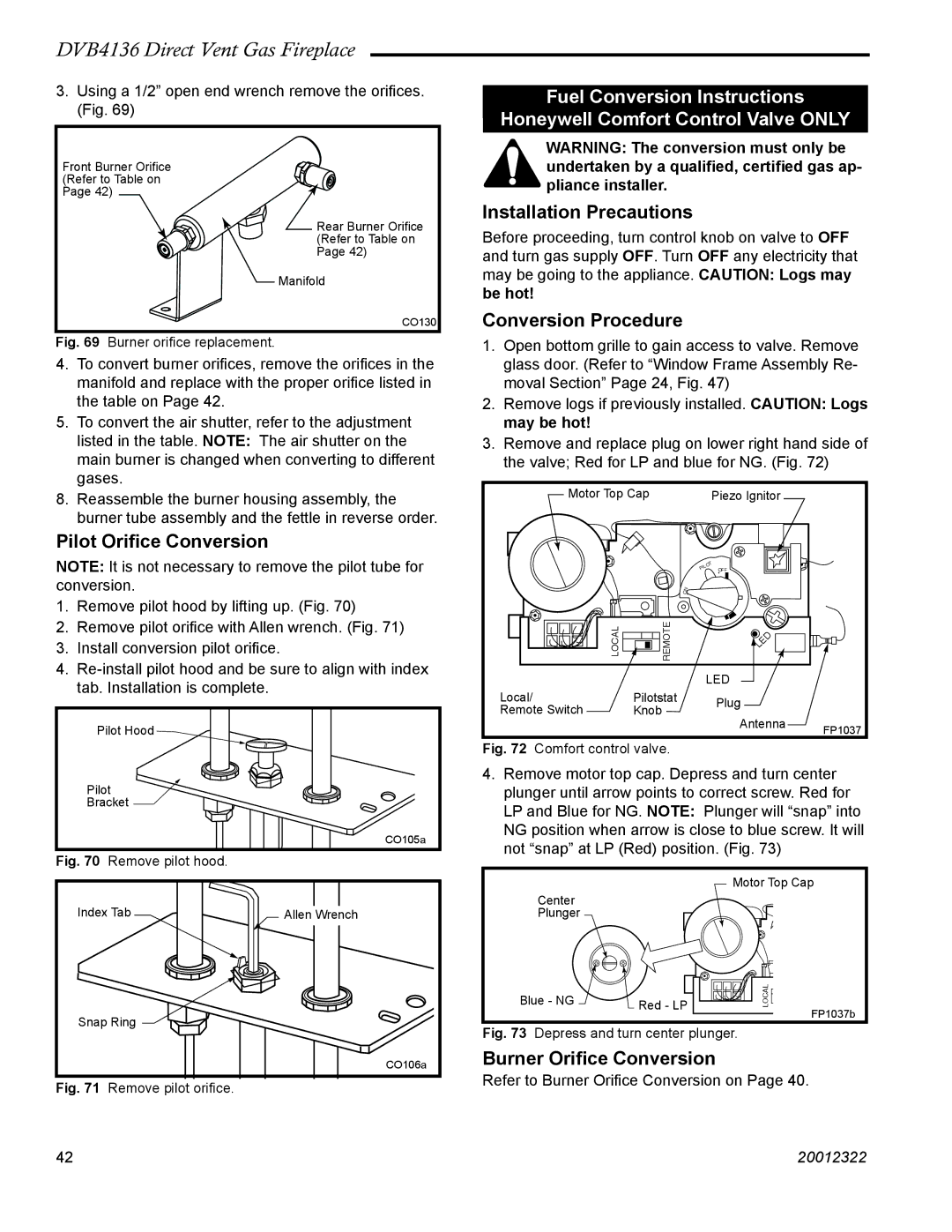 Majestic Appliances DVB4136 manual Pilot Oriﬁce Conversion, Installation Precautions, Conversion Procedure 