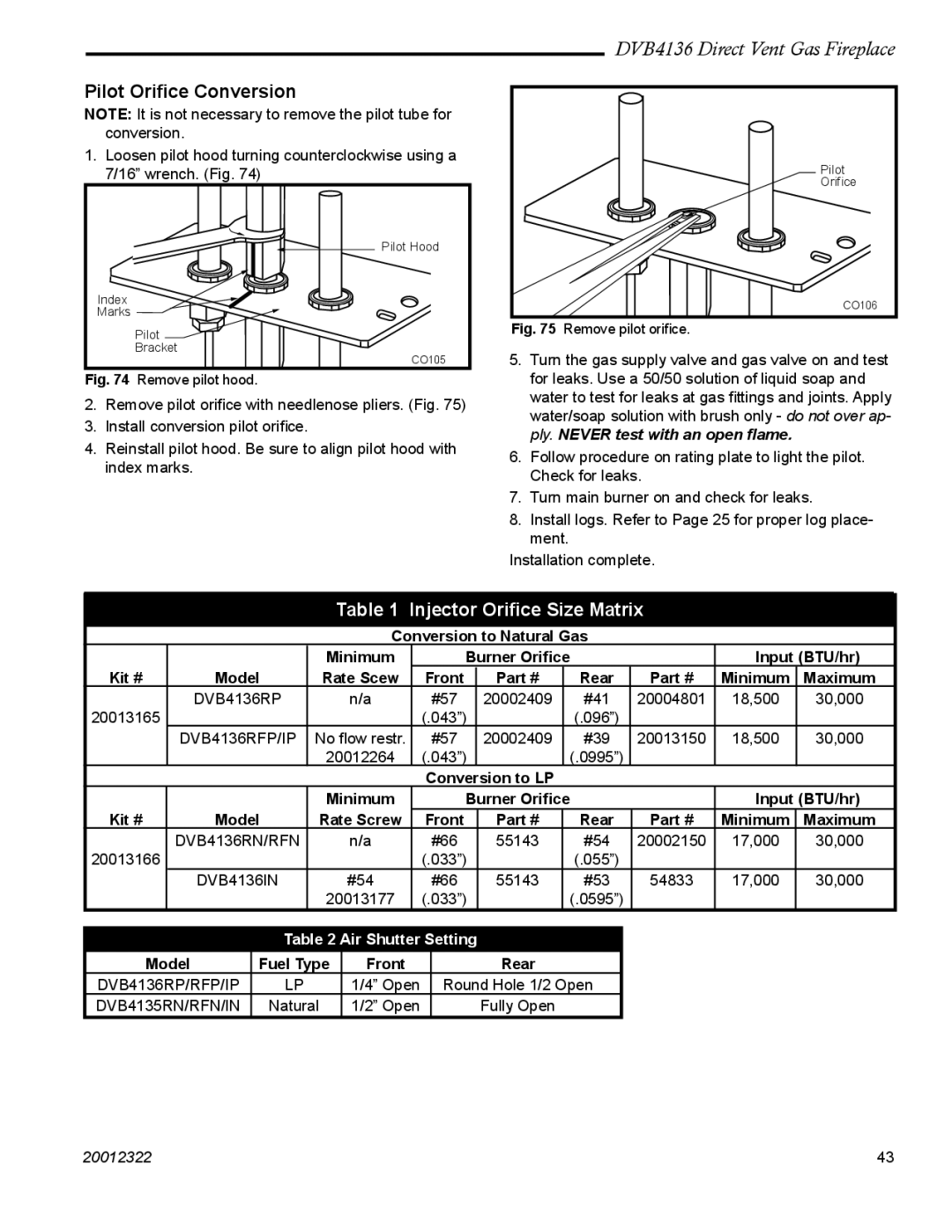 Majestic Appliances DVB4136 manual Injector Oriﬁce Size Matrix, Front Rear Minimum, Model Fuel Type Front Rear 