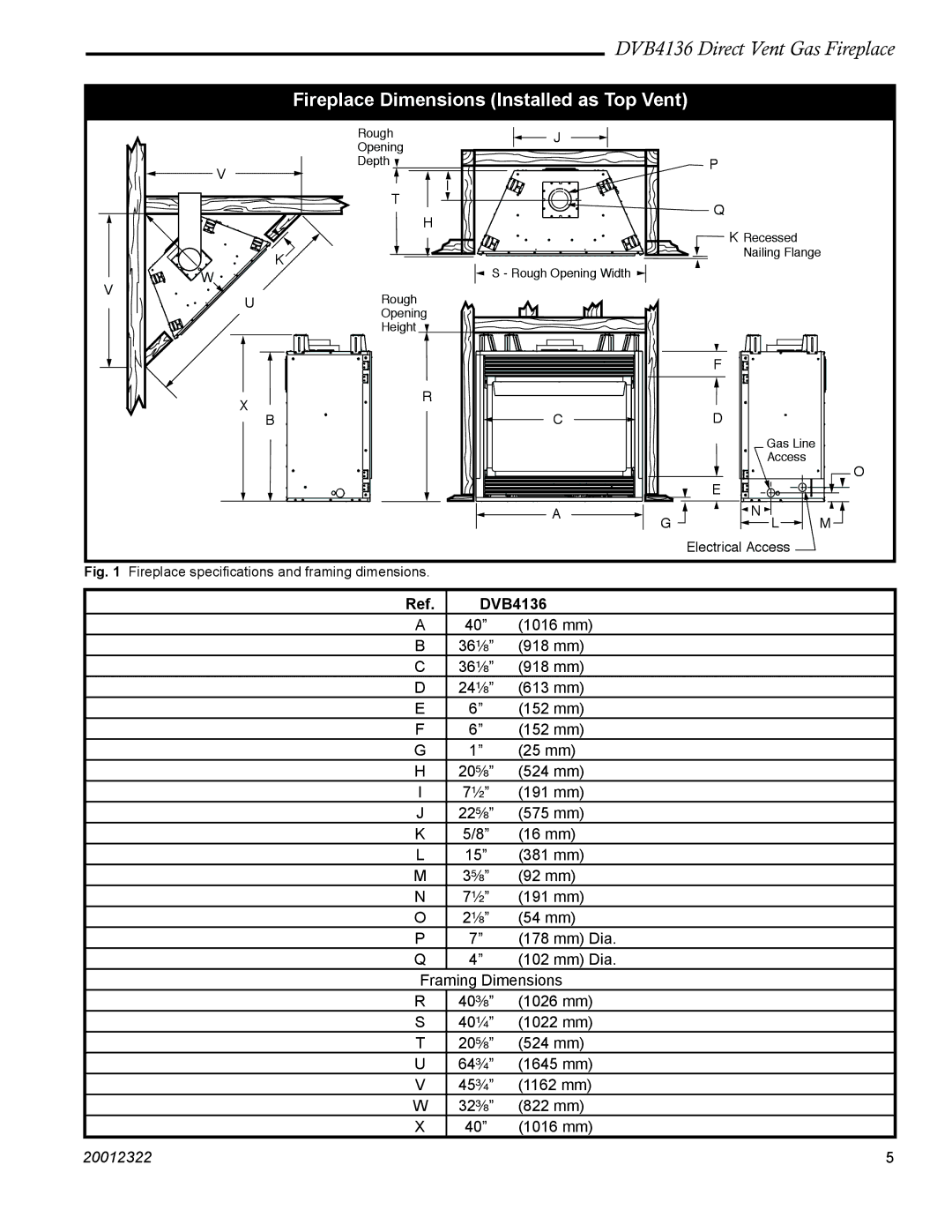 Majestic Appliances manual Fireplace Dimensions Installed as Top Vent, Ref. DVB4136 