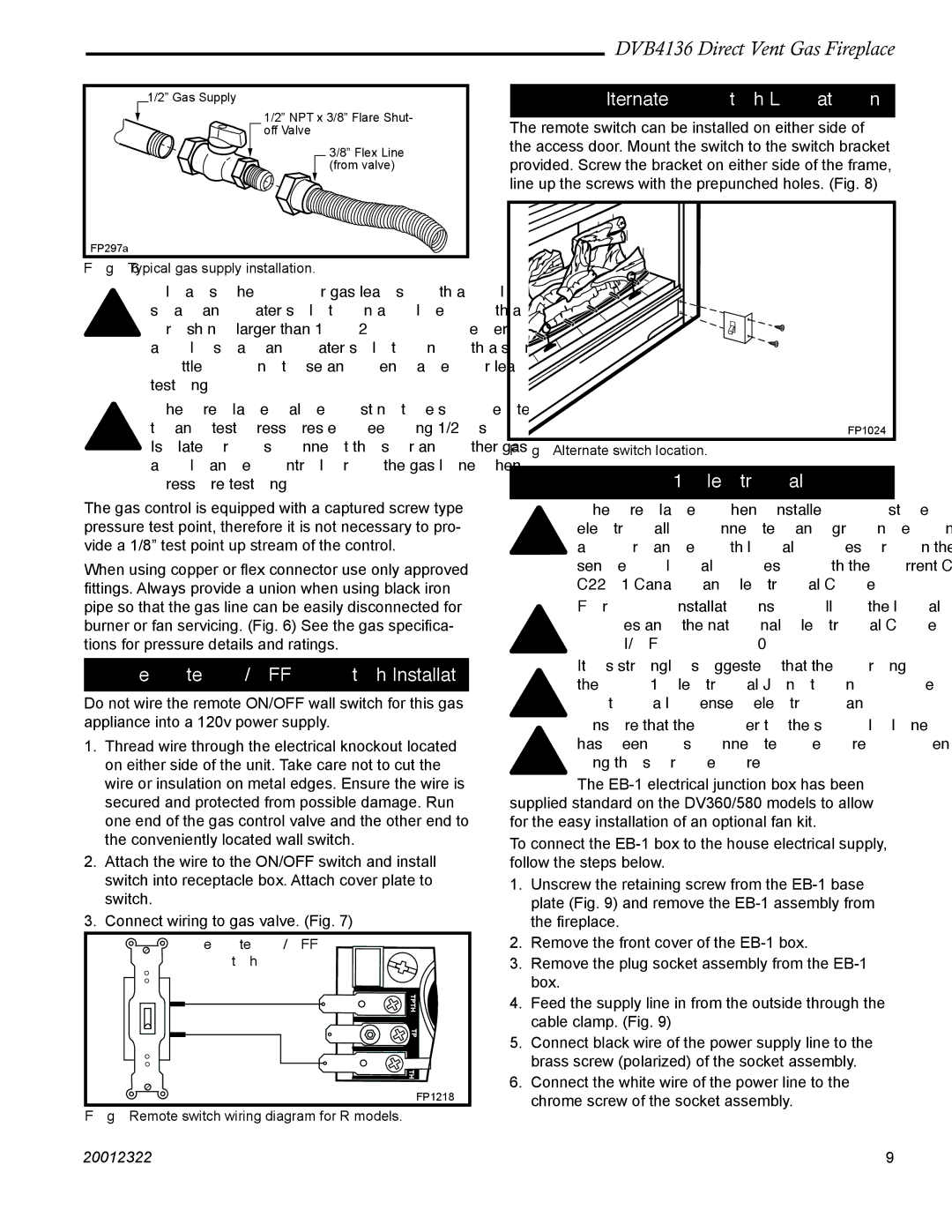 Majestic Appliances DVB4136 manual Remote ON/OFF Switch Installation, Alternate Switch Location, EB-1 Electrical Box 