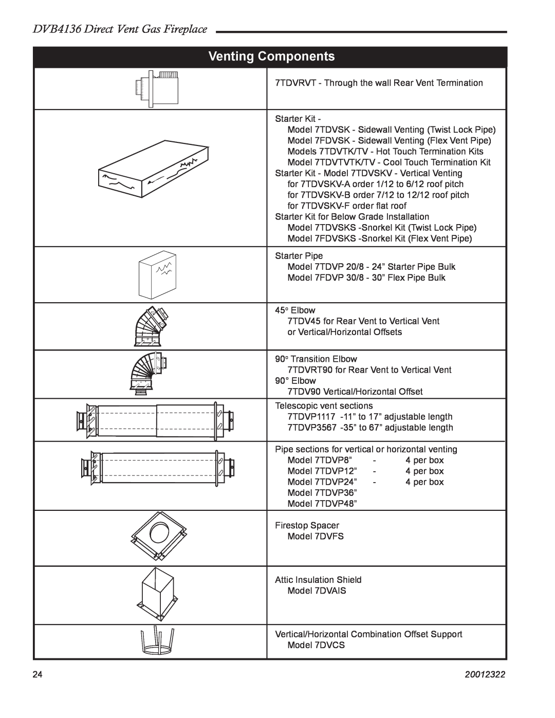 Majestic Appliances manual Venting Components, DVB4136 Direct Vent Gas Fireplace, 20012322 