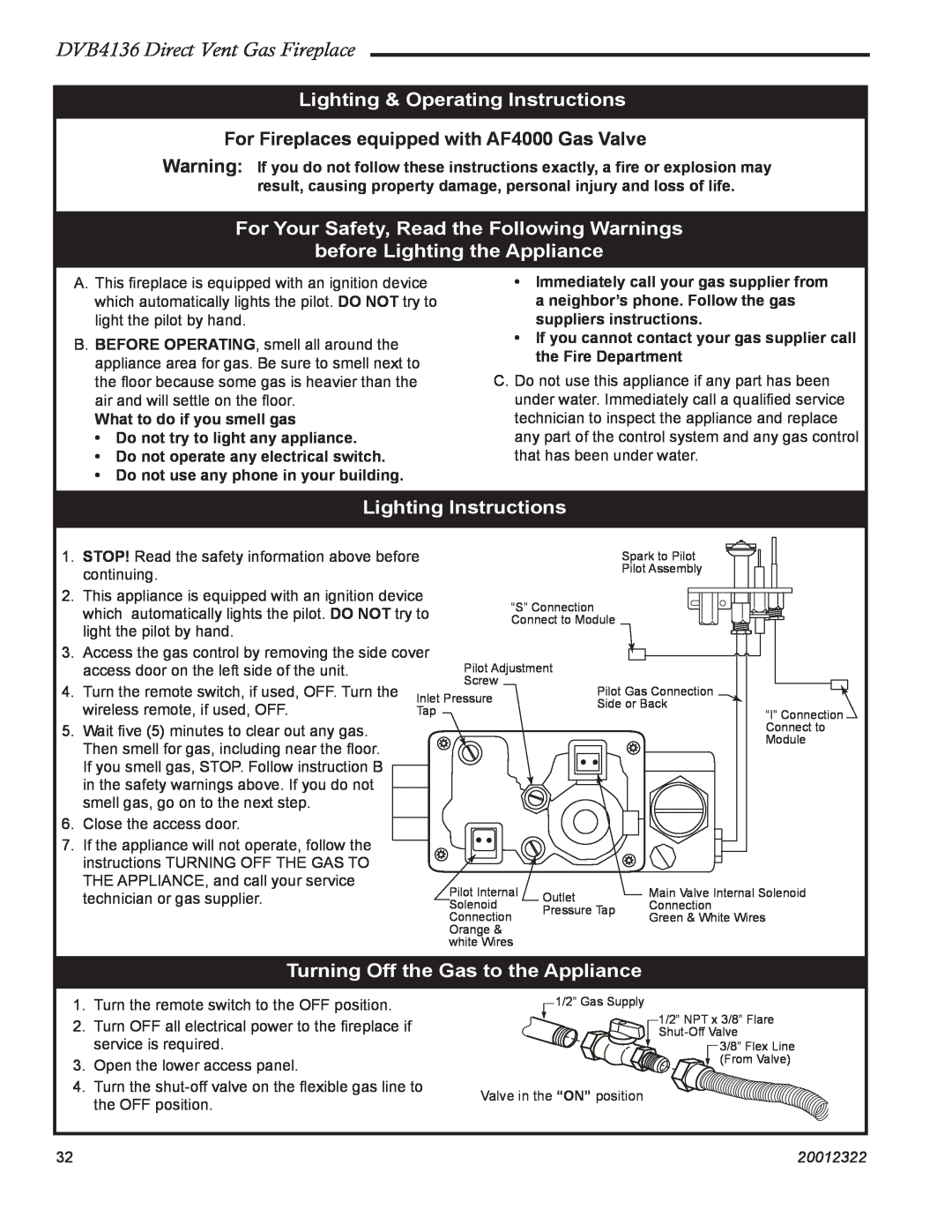 Majestic Appliances DVB4136 Lighting & Operating Instructions, For Your Safety, Read the Following Warnings, 20012322 