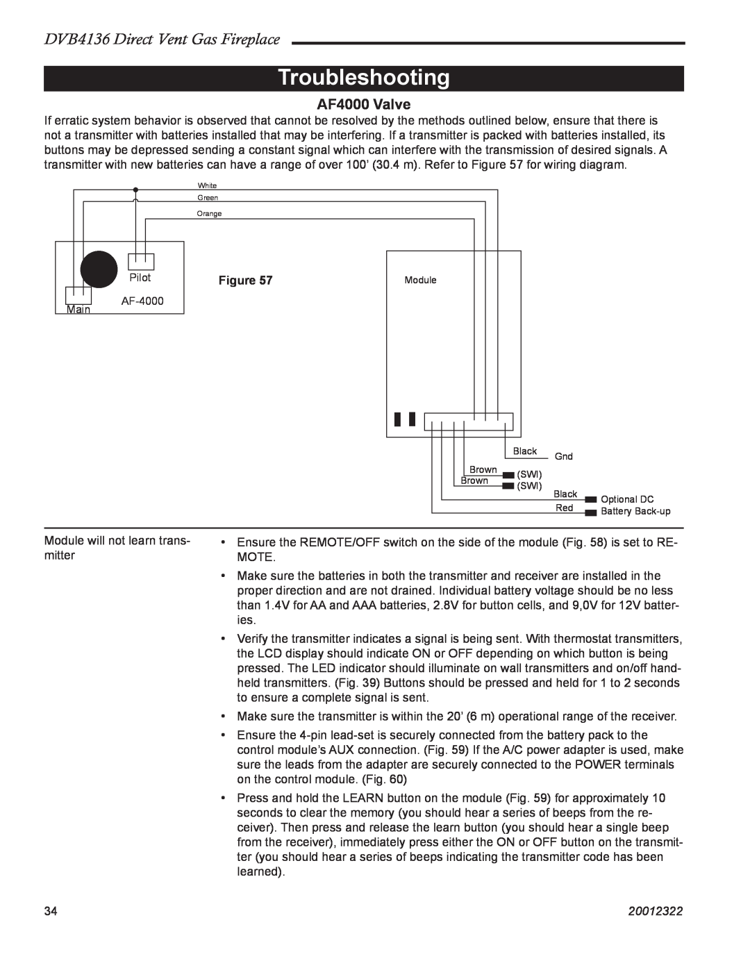 Majestic Appliances manual Troubleshooting, DVB4136 Direct Vent Gas Fireplace, AF4000 Valve, 20012322 