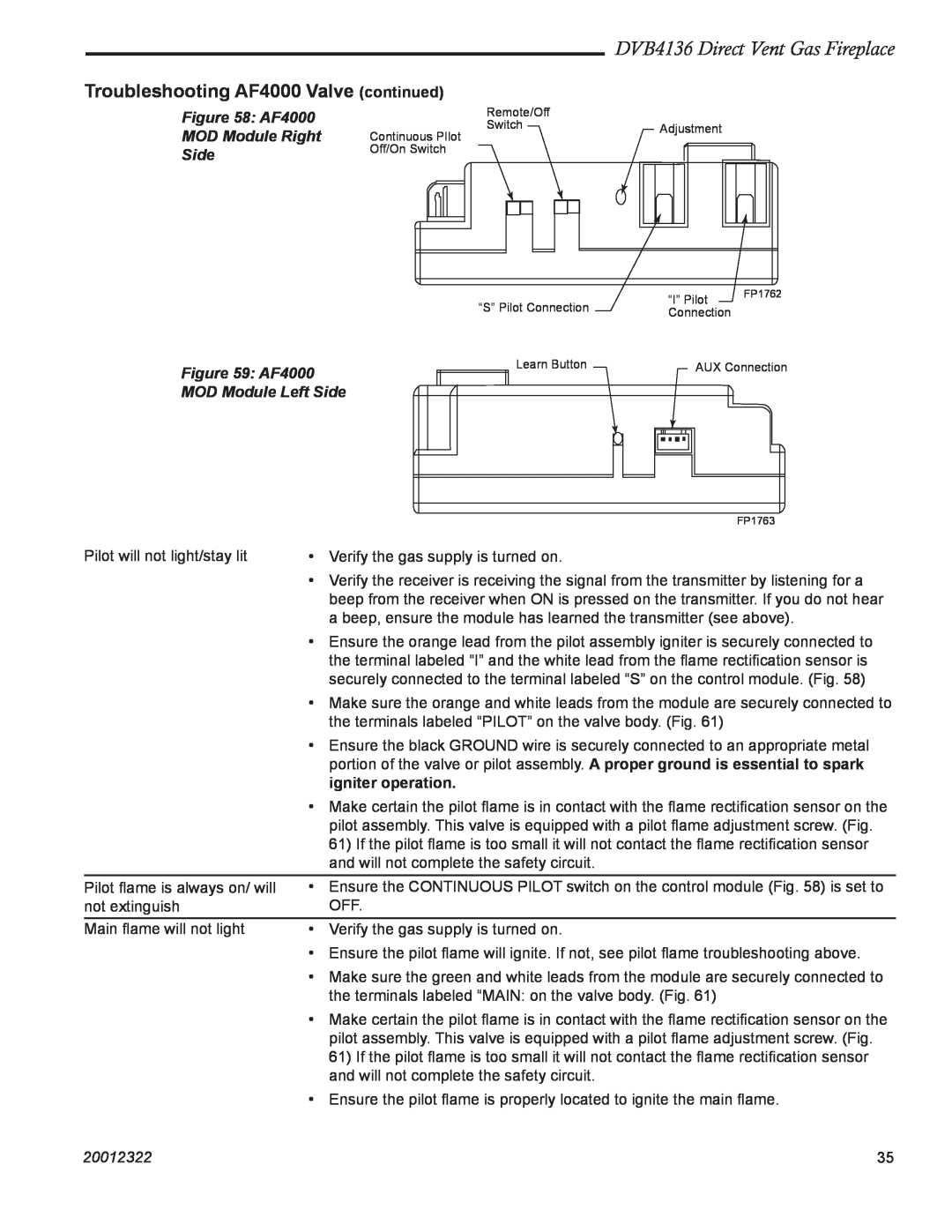Majestic Appliances manual DVB4136 Direct Vent Gas Fireplace, Troubleshooting AF4000 Valve continued, igniter operation 