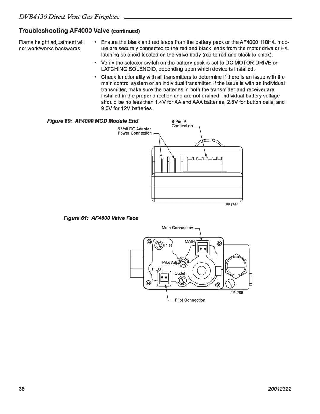 Majestic Appliances manual DVB4136 Direct Vent Gas Fireplace, AF4000 MOD Module End, AF4000 Valve Face, 20012322 