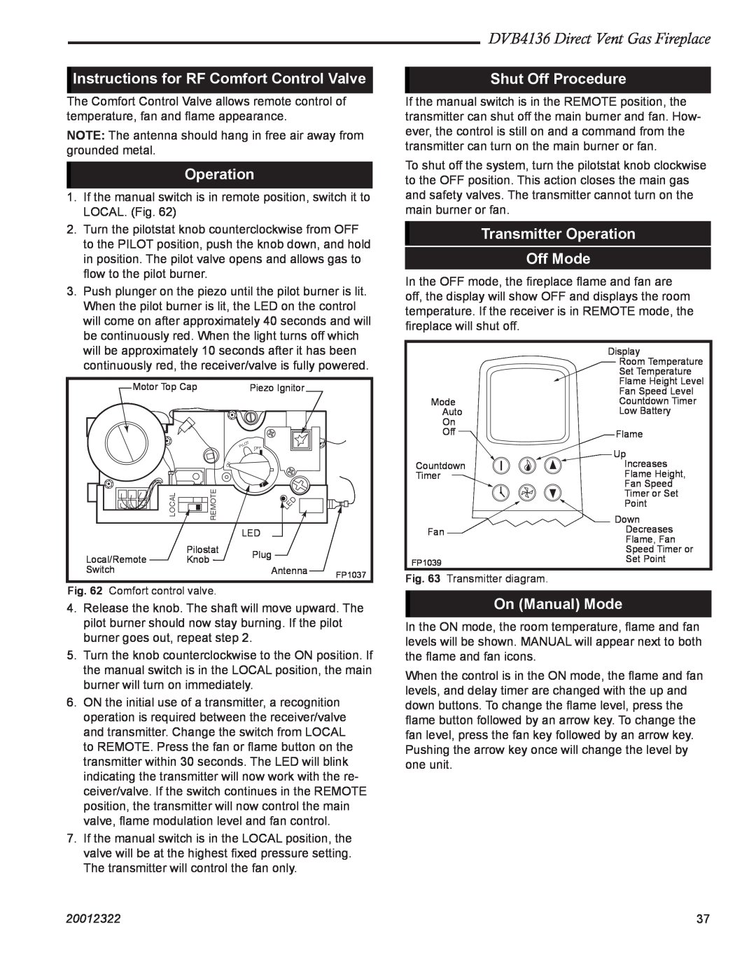 Majestic Appliances DVB4136 manual Instructions for RF Comfort Control Valve, Operation, Shut Off Procedure, On Manual Mode 