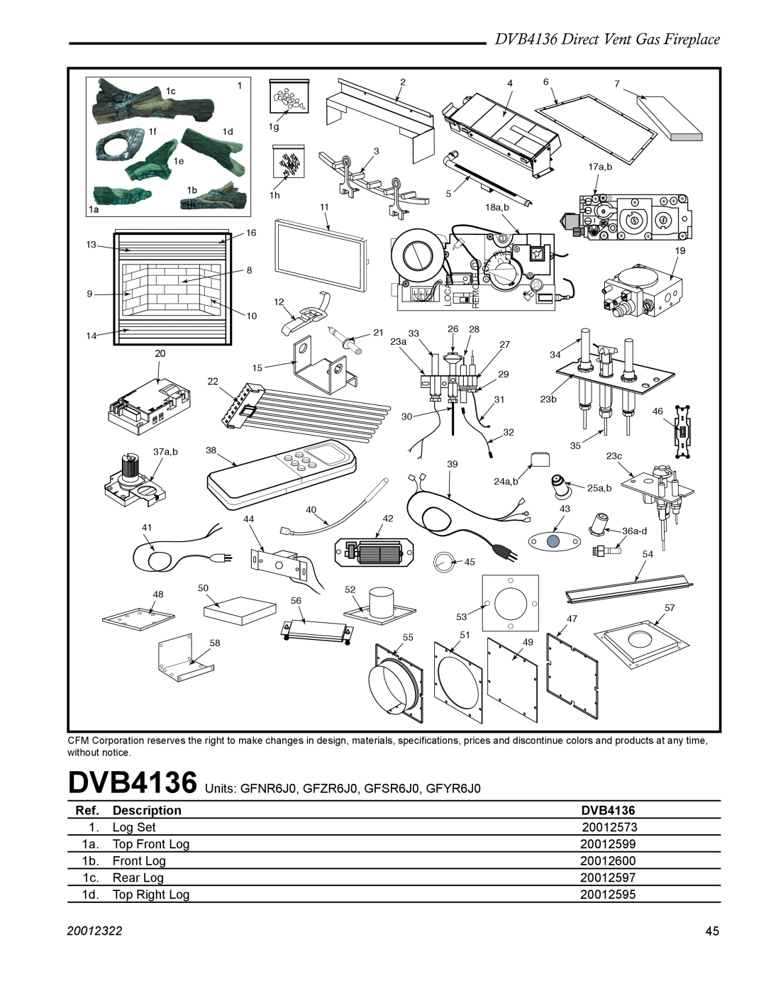 Majestic Appliances manual DVB4136 Direct Vent Gas Fireplace, Description, 20012322 
