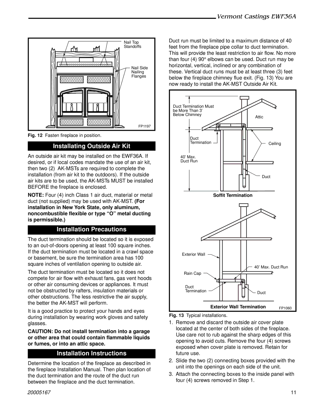 Majestic Appliances EWF36A Installating Outside Air Kit, Installation Precautions, Installation Instructions 