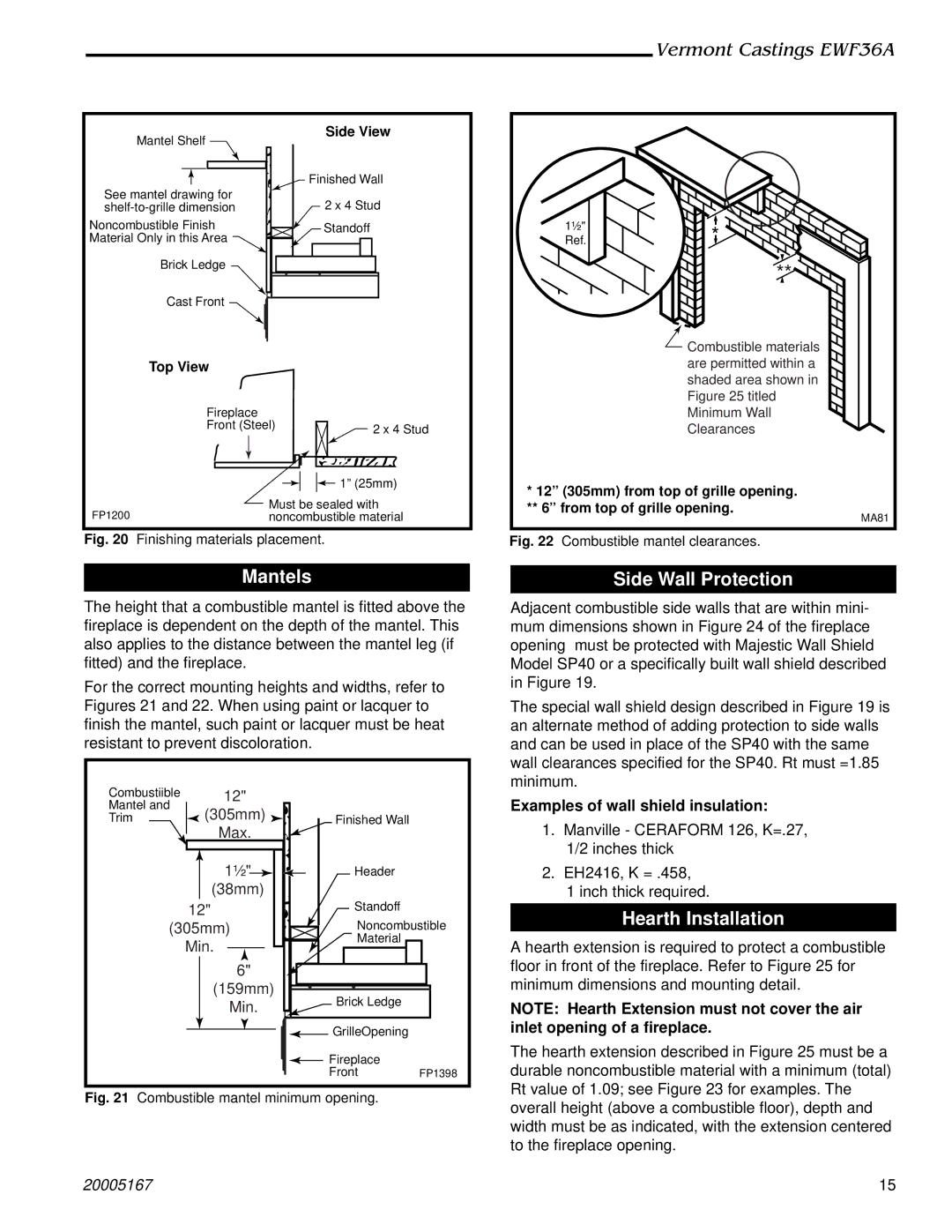 Majestic Appliances EWF36A Mantels, Side Wall Protection, Hearth Installation, Examples of wall shield insulation 