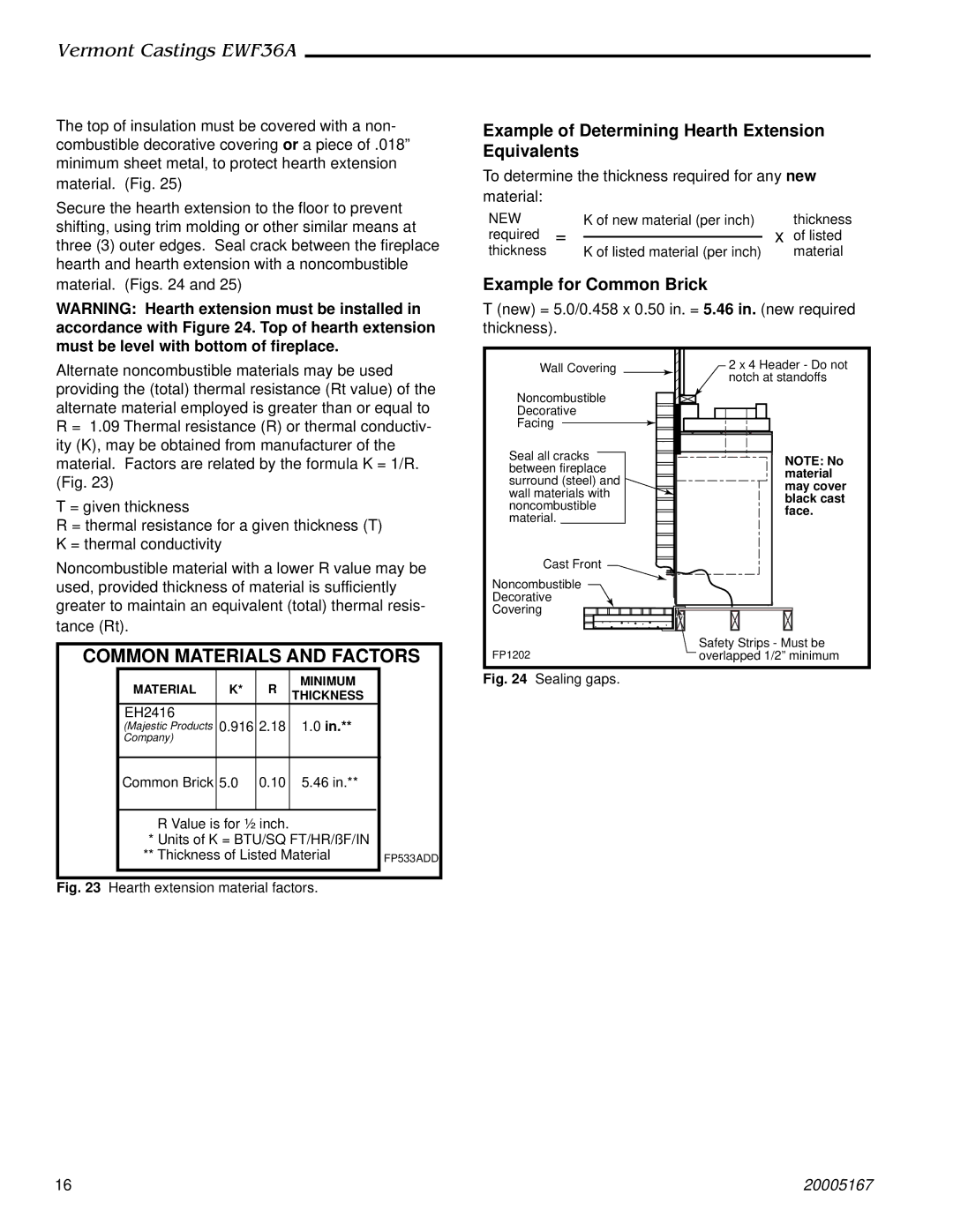 Majestic Appliances EWF36A installation instructions Common Materials and Factors 