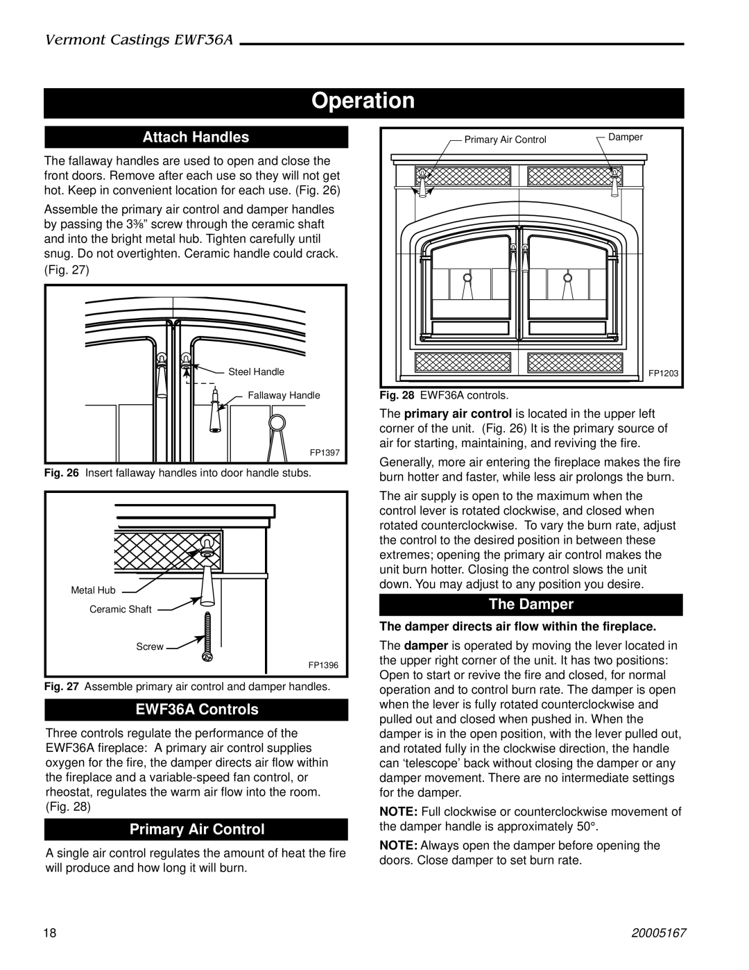 Majestic Appliances installation instructions Operation, Attach Handles, EWF36A Controls, Primary Air Control, Damper 