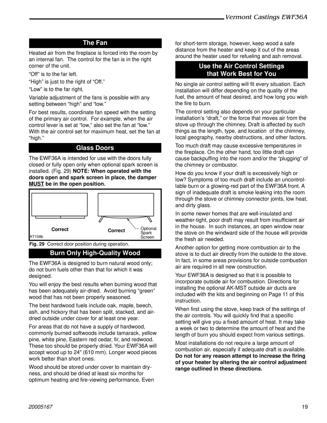 Majestic Appliances EWF36A installation instructions Fan, Glass Doors, Burn Only High-Quality Wood 