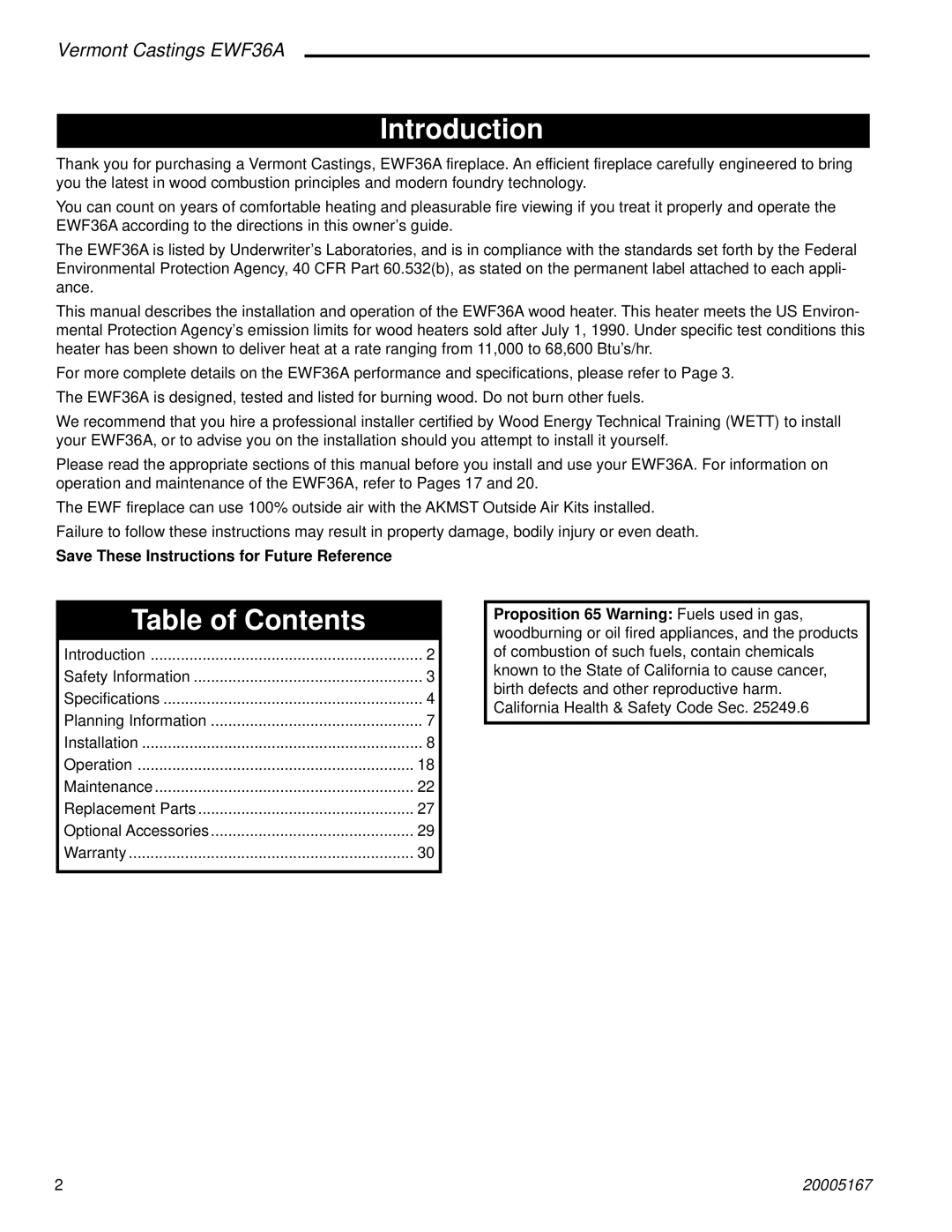 Majestic Appliances EWF36A installation instructions Introduction, Table of Contents 