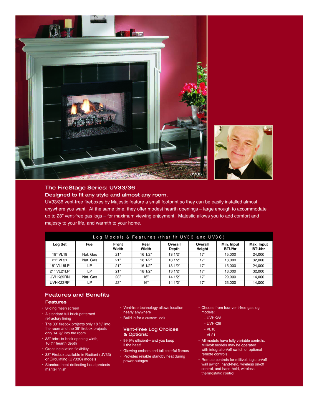 Majestic Appliances manual FireStage Series UV33/36, Features and Benefits, Vent-Free Log Choices & Options 