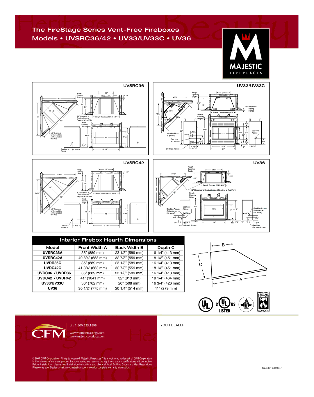 Majestic Appliances FireStage Series manual Interior Firebox Hearth Dimensions 