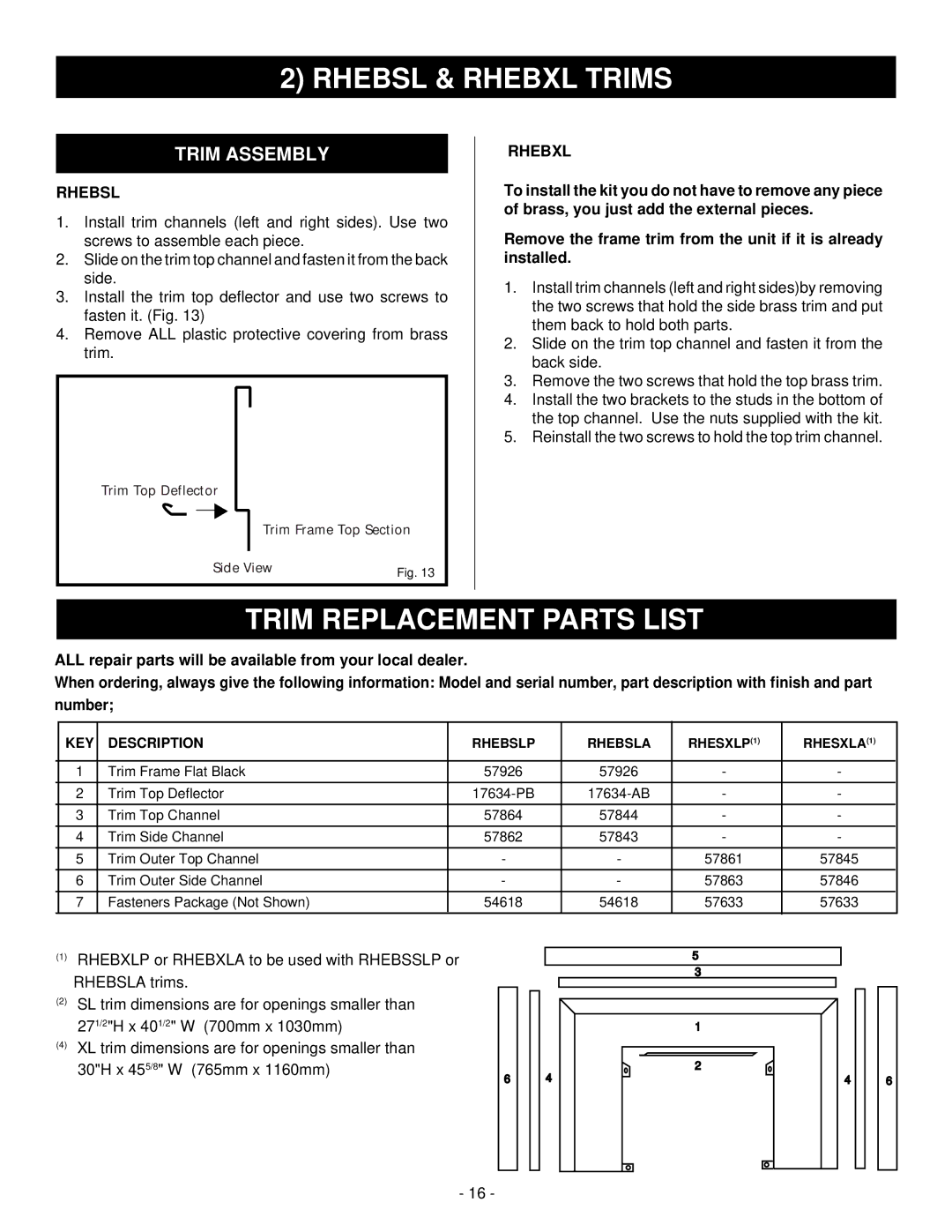 Majestic Appliances HE32EF installation instructions Rhebsl & Rhebxl Trims 