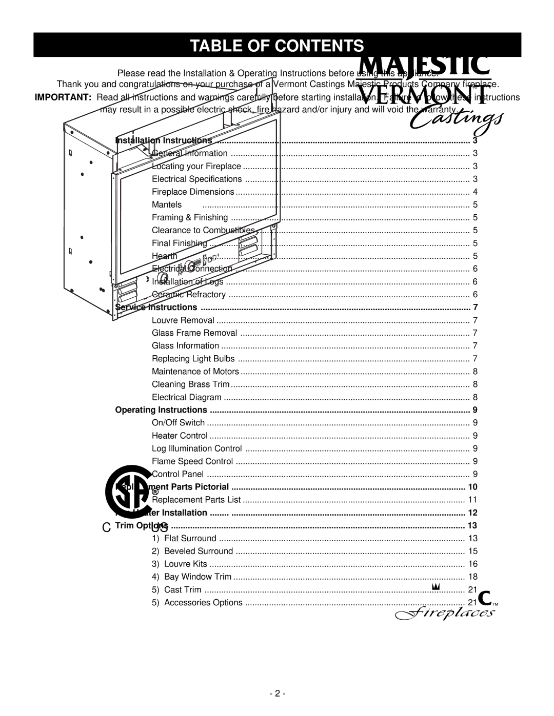 Majestic Appliances HE32EF installation instructions Table of Contents 