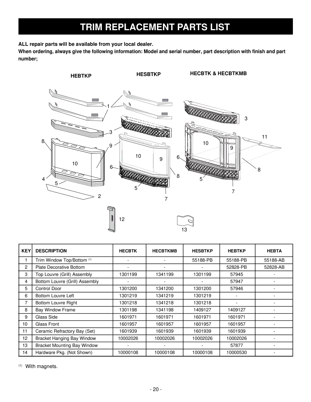 Majestic Appliances HE32EF installation instructions Trim Replacement Parts List, Hebtkp Hesbtkp Hecbtk & Hecbtkmb 