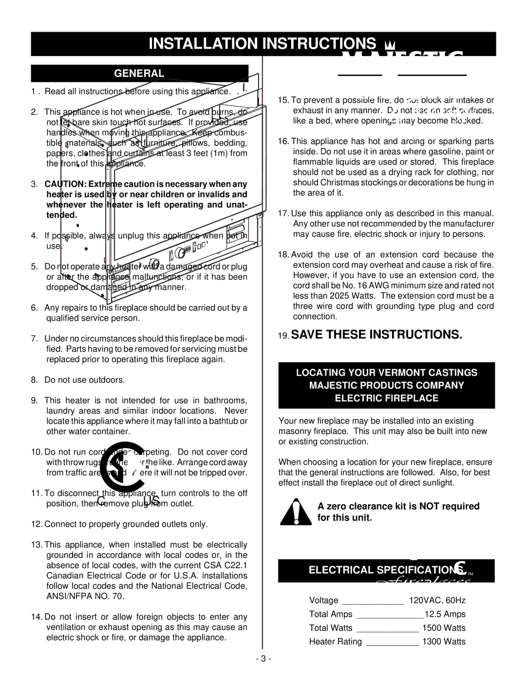 Majestic Appliances HE32EF Installation Instructions, General, Heater is used by or near children or invalids, Tended 