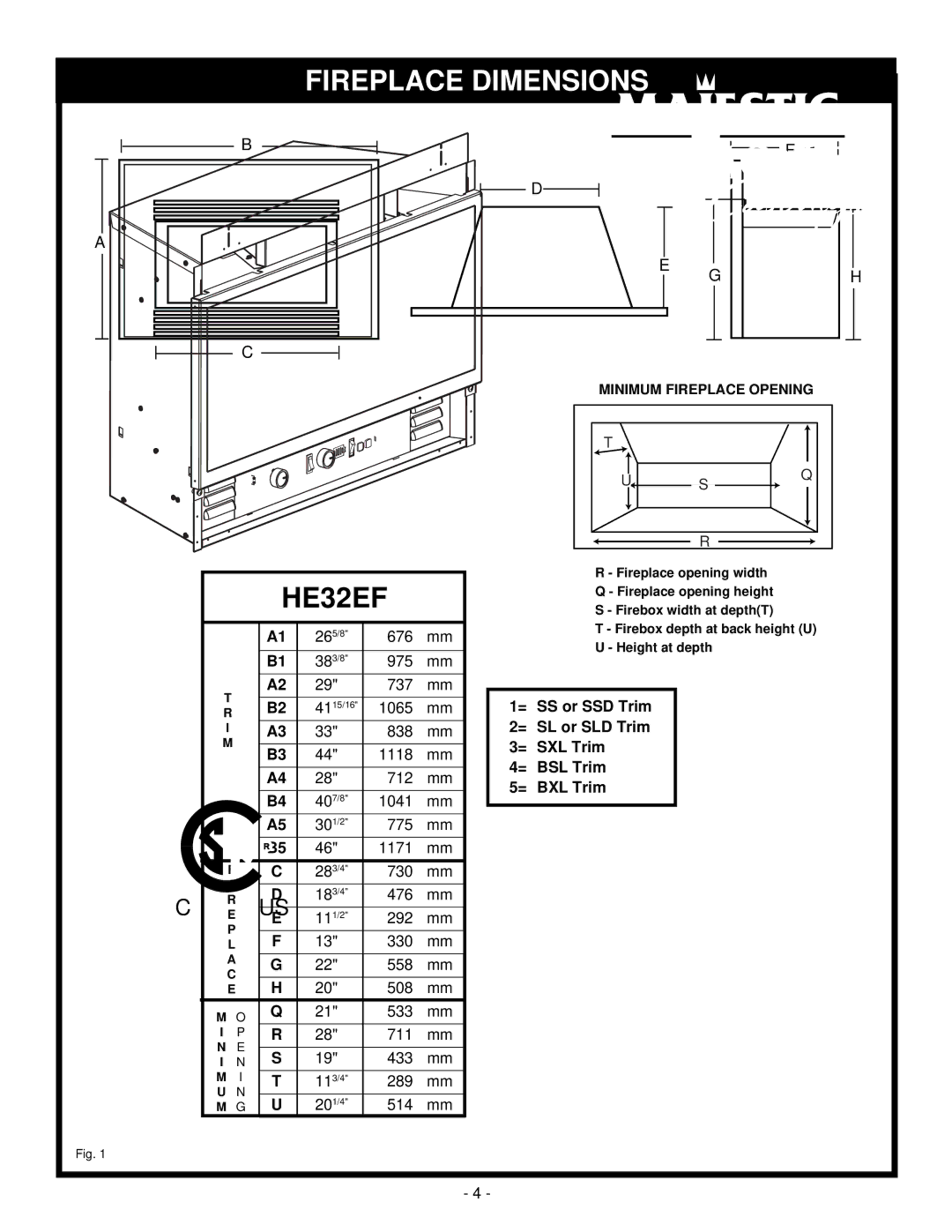 Majestic Appliances HE32EF installation instructions Fireplace Dimensions, Usq 