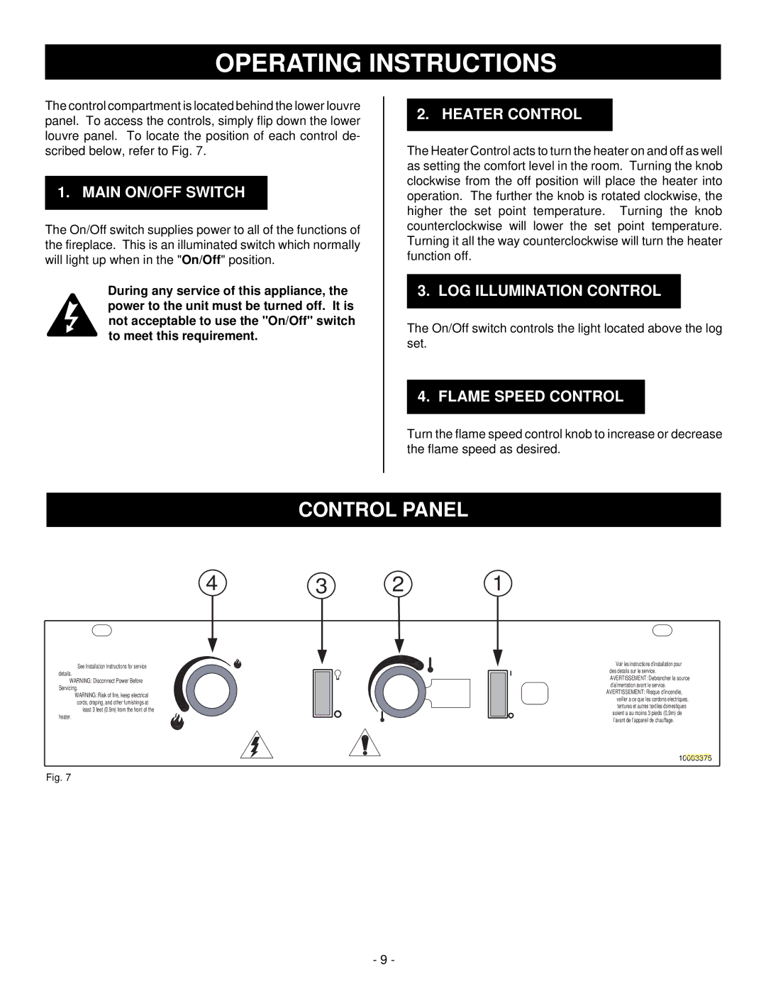 Majestic Appliances HE32EF Main ON/OFF Switch, Heater Control, LOG Illumination Control, Flame Speed Control 