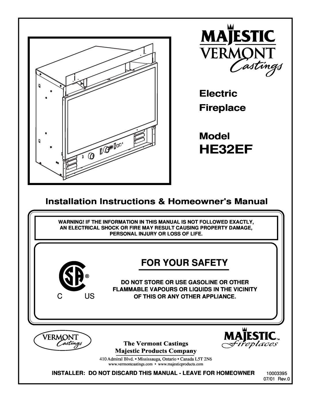 Majestic Appliances HE32EF installation instructions Electric, Fireplace, Model, For Your Safety, The Vermont Castings 