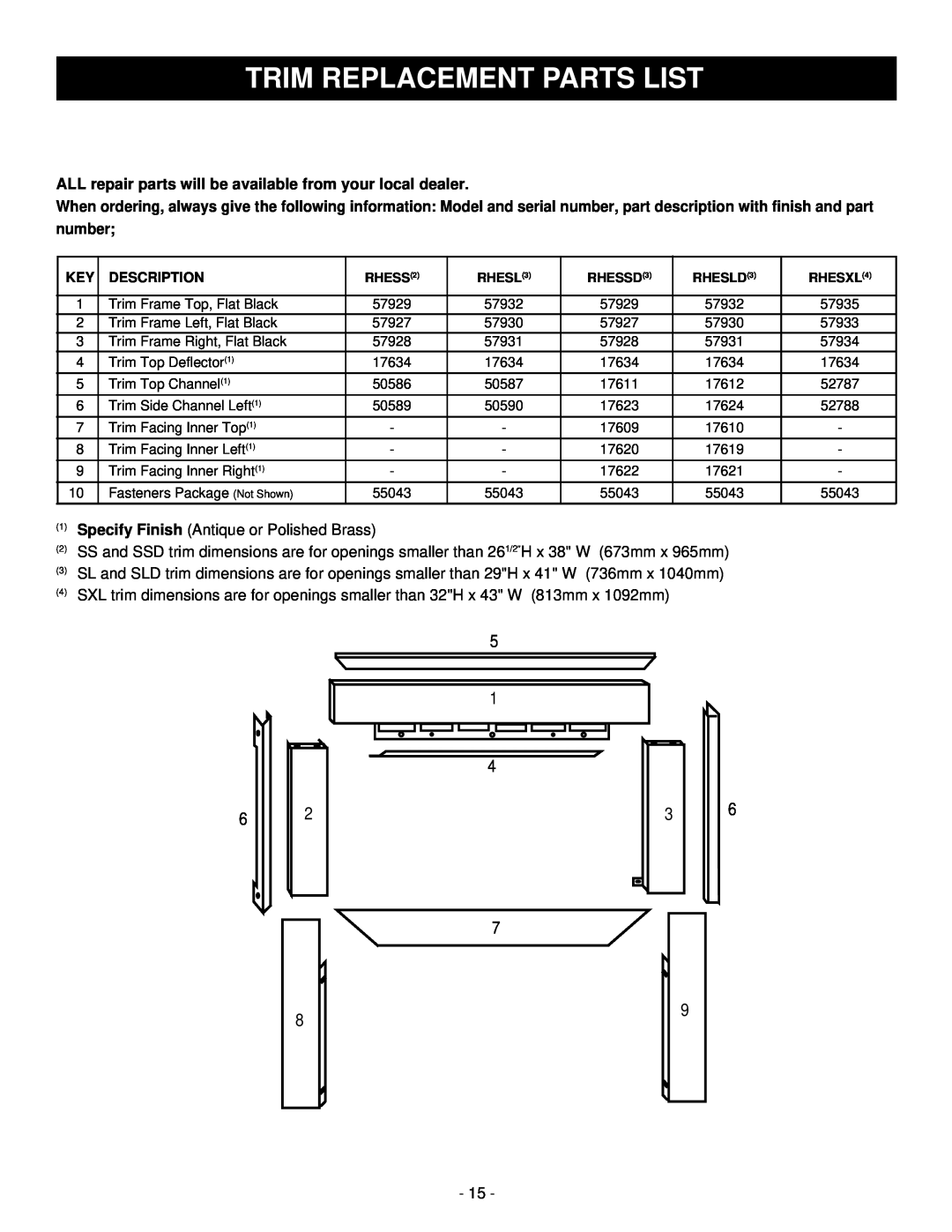 Majestic Appliances HE32EF installation instructions Trim Replacement Parts List 