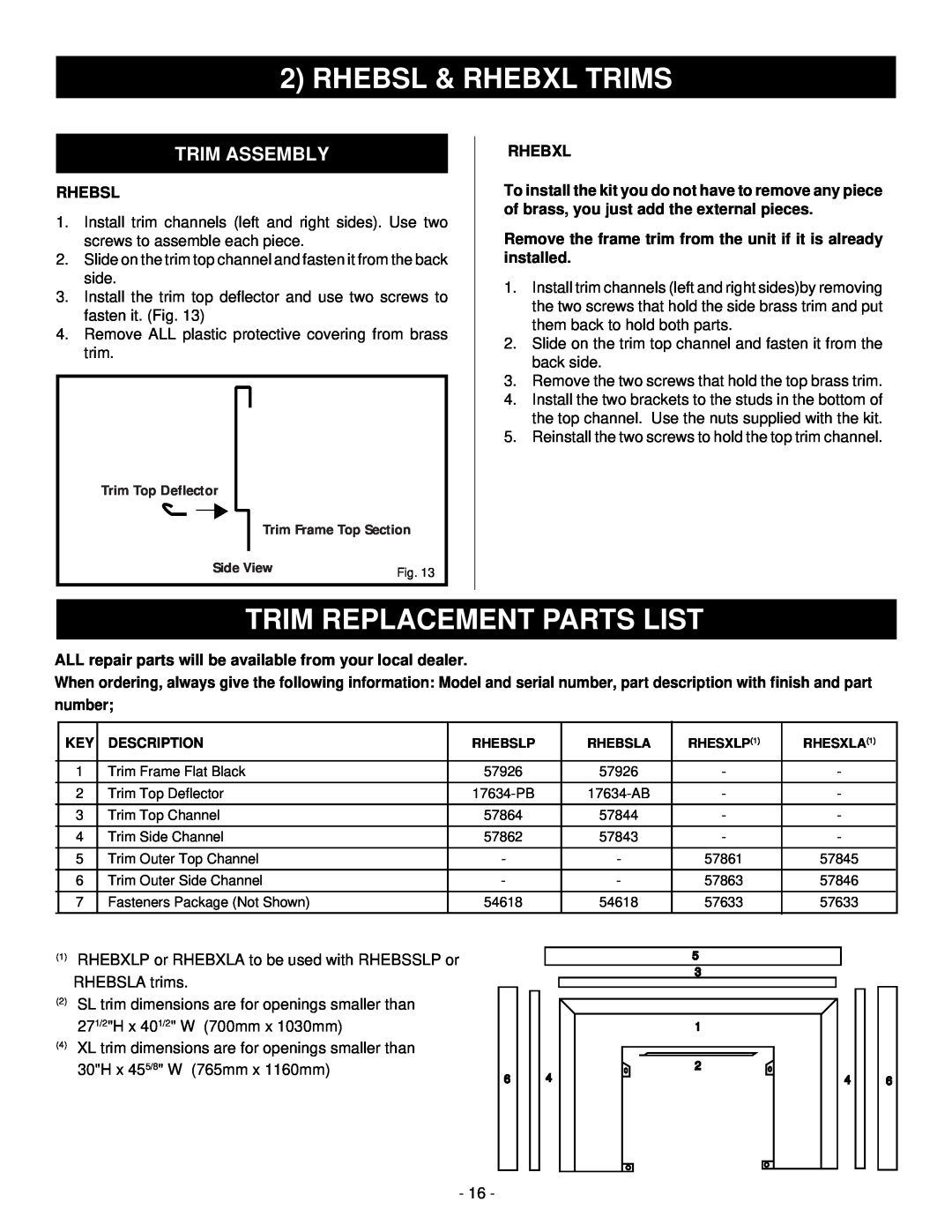 Majestic Appliances HE32EF installation instructions Rhebsl & Rhebxl Trims, Trim Replacement Parts List, Trim Assembly 