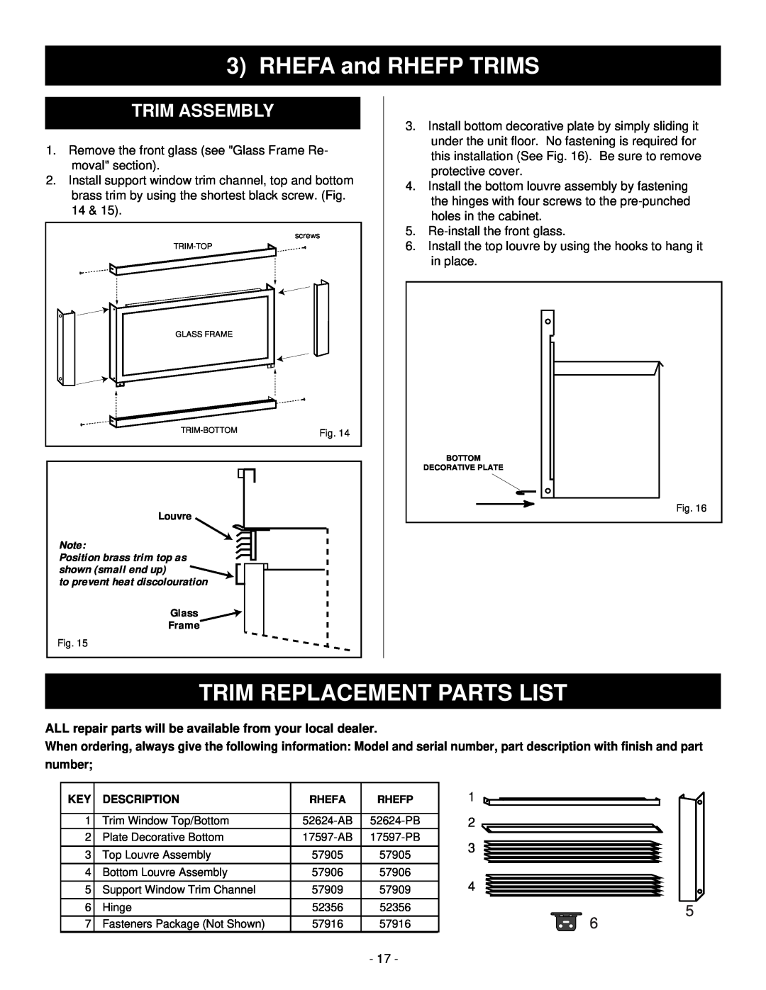Majestic Appliances HE32EF installation instructions RHEFA and RHEFP TRIMS, Trim Assembly, Trim Replacement Parts List 