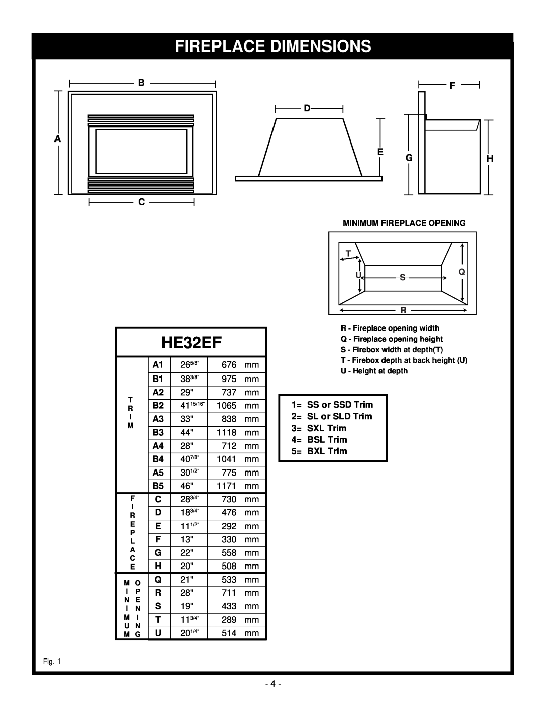 Majestic Appliances HE32EF installation instructions Fireplace Dimensions 
