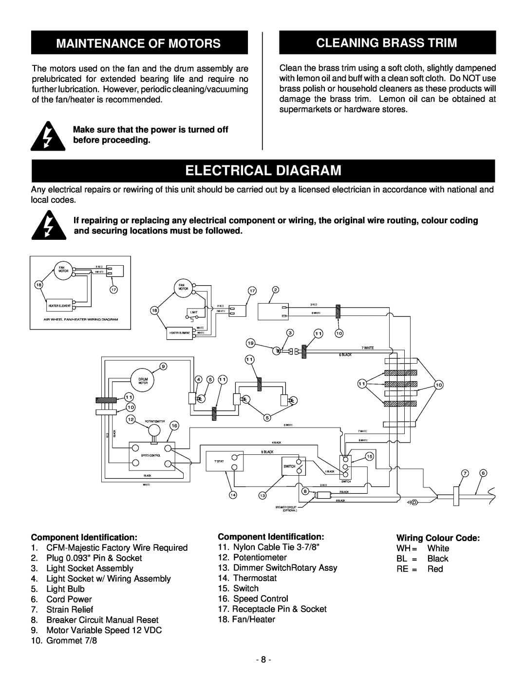 Majestic Appliances HE32EF installation instructions Electrical Diagram, Maintenance Of Motors, Cleaning Brass Trim 