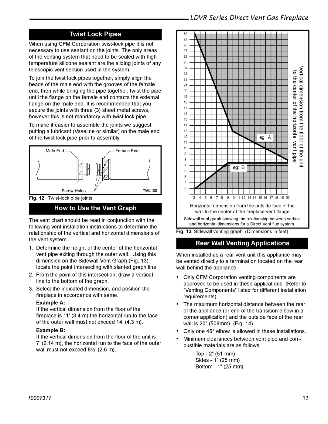 Majestic Appliances LDVR1 Twist Lock Pipes, How to Use the Vent Graph, Rear Wall Venting Applications, Example a 