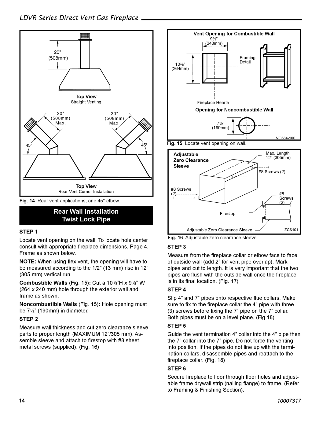 Majestic Appliances LDVR1 installation instructions Rear Wall Installation Twist Lock Pipe, Step 