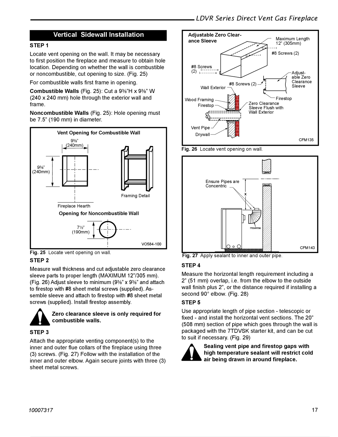 Majestic Appliances LDVR1 Vertical Sidewall Installation, Zero clearance sleeve is only required for combustible walls 