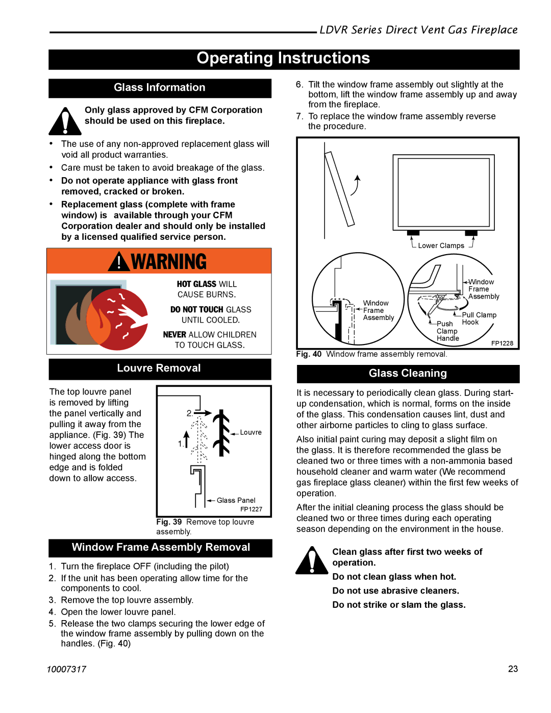 Majestic Appliances LDVR1 Operating Instructions, Glass Information, Louvre Removal, Glass Cleaning 