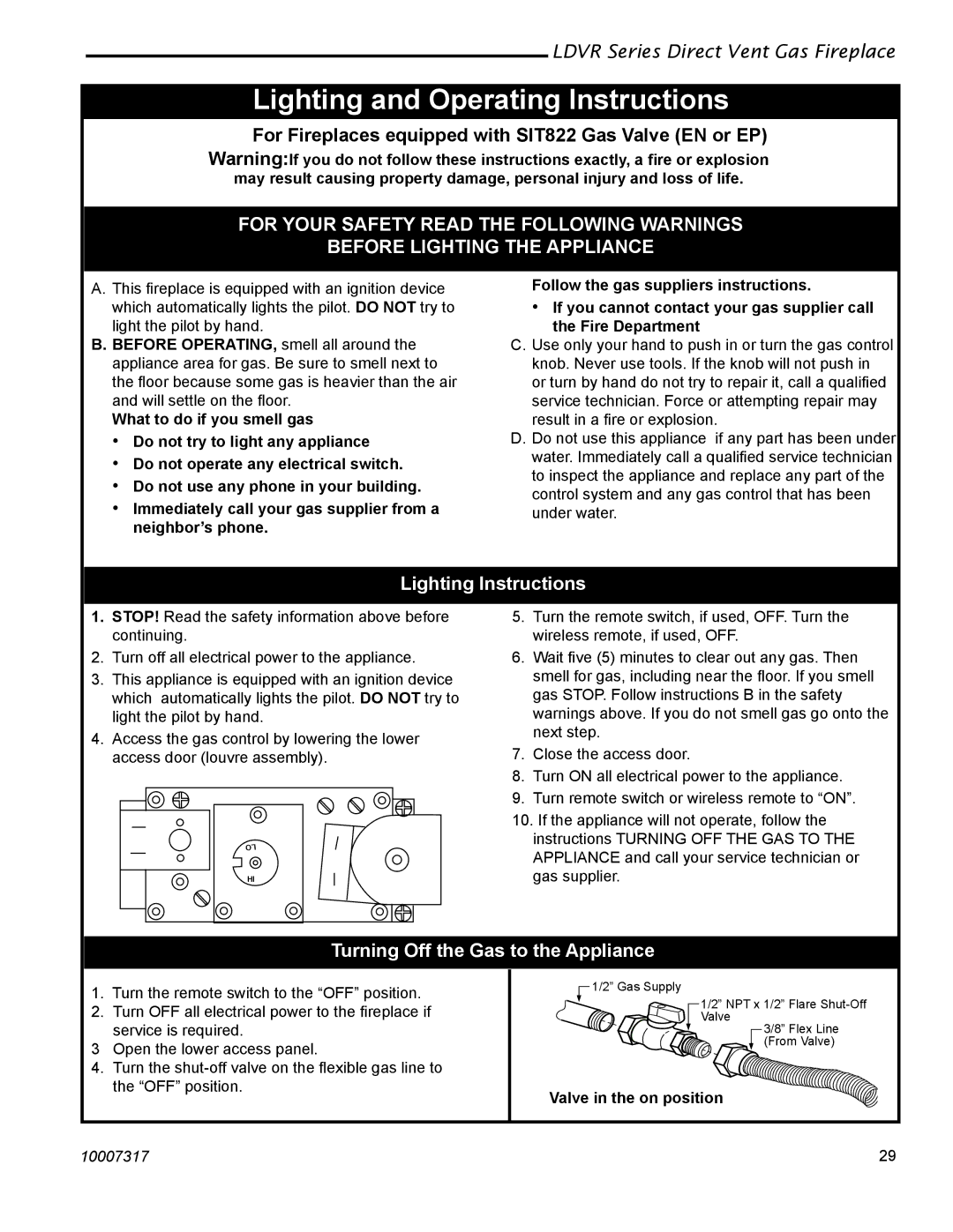 Majestic Appliances LDVR1 Lighting Instructions, Turning Off the Gas to the Appliance, Valve in the on position 