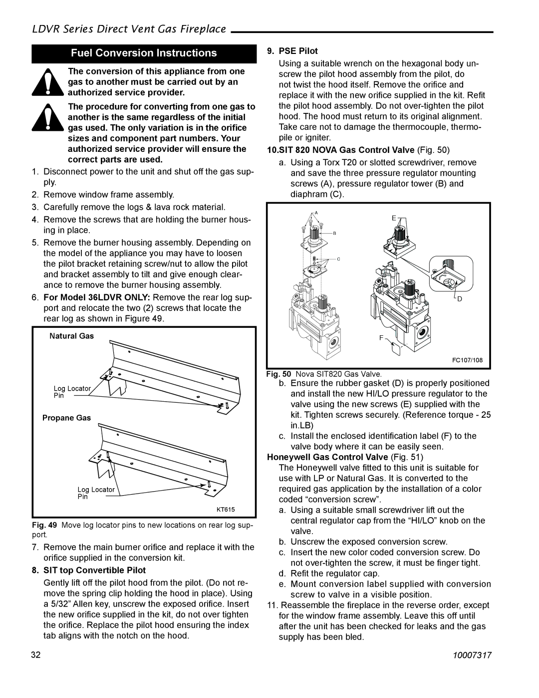 Majestic Appliances LDVR1 Fuel Conversion Instructions, PSE Pilot, SIT 820 Nova Gas Control Valve Fig 