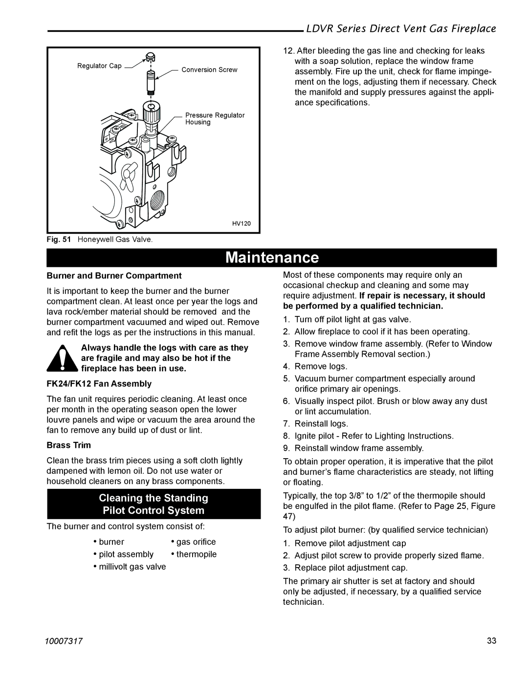 Majestic Appliances LDVR1 Maintenance, Cleaning the Standing Pilot Control System, Burner and Burner Compartment 