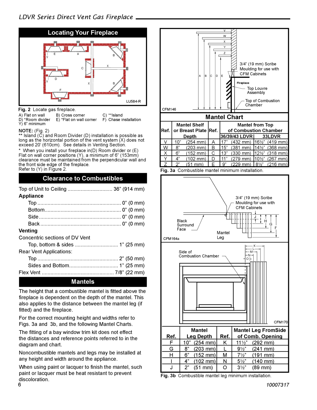 Majestic Appliances LDVR1 Locating Your Fireplace, Clearance to Combustibles, Mantels, Mantel Chart 