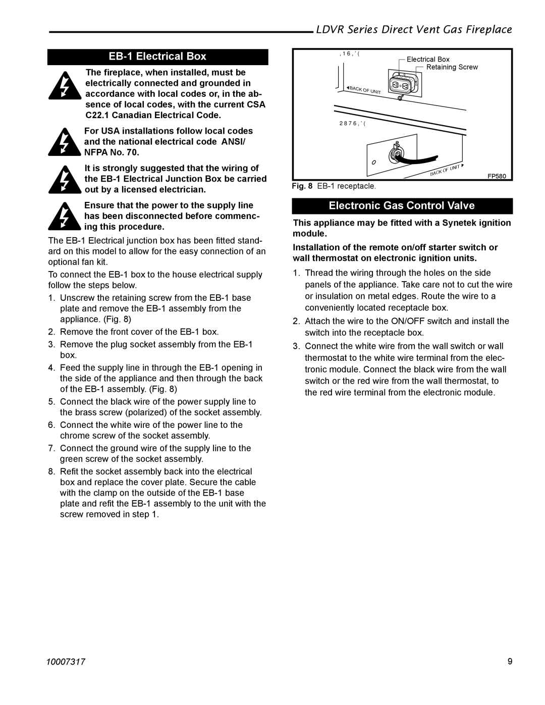 Majestic Appliances LDVR1 installation instructions EB-1 Electrical Box, Electronic Gas Control Valve 