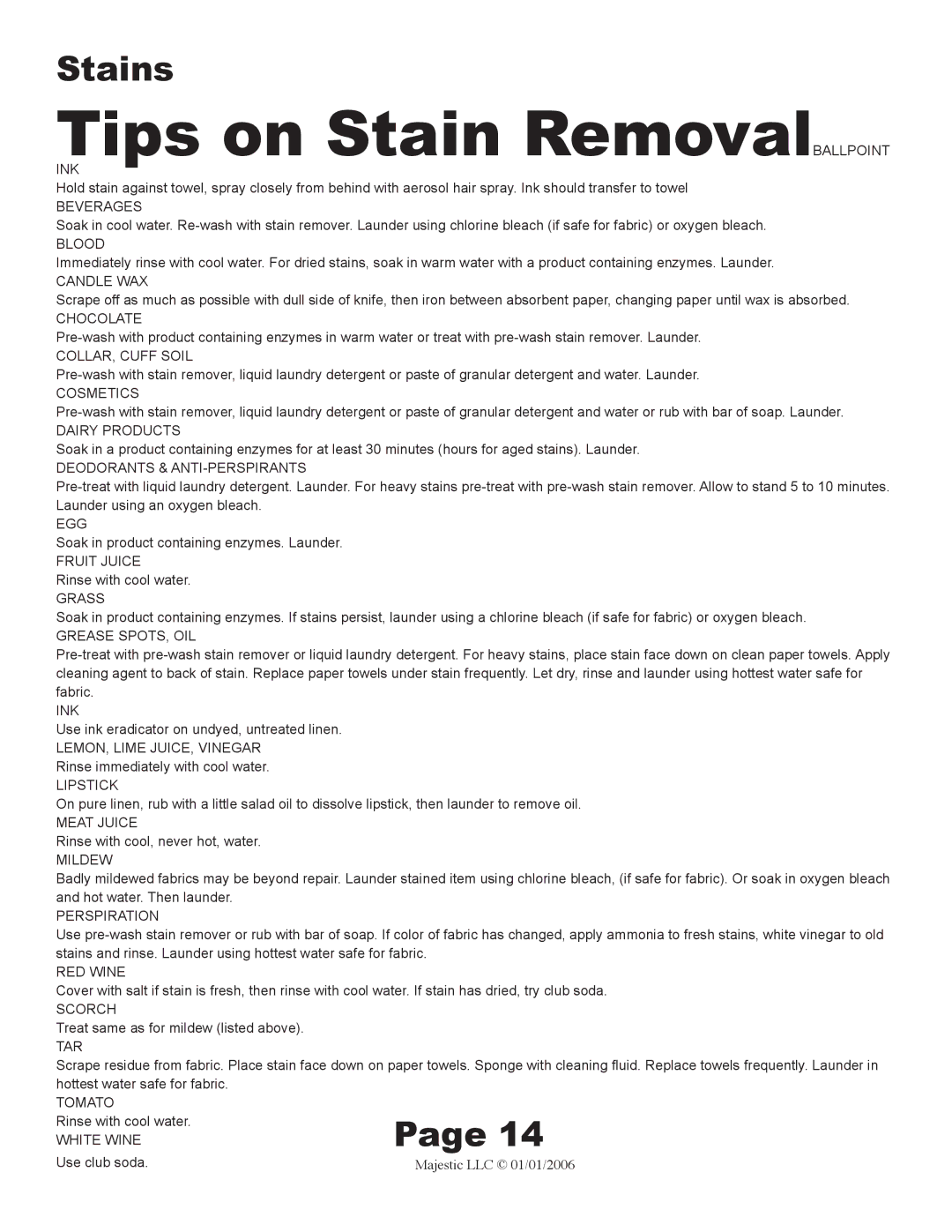 Majestic Appliances MJ-9000VG owner manual Tips on Stain RemovalBALLPOINT, Ink 