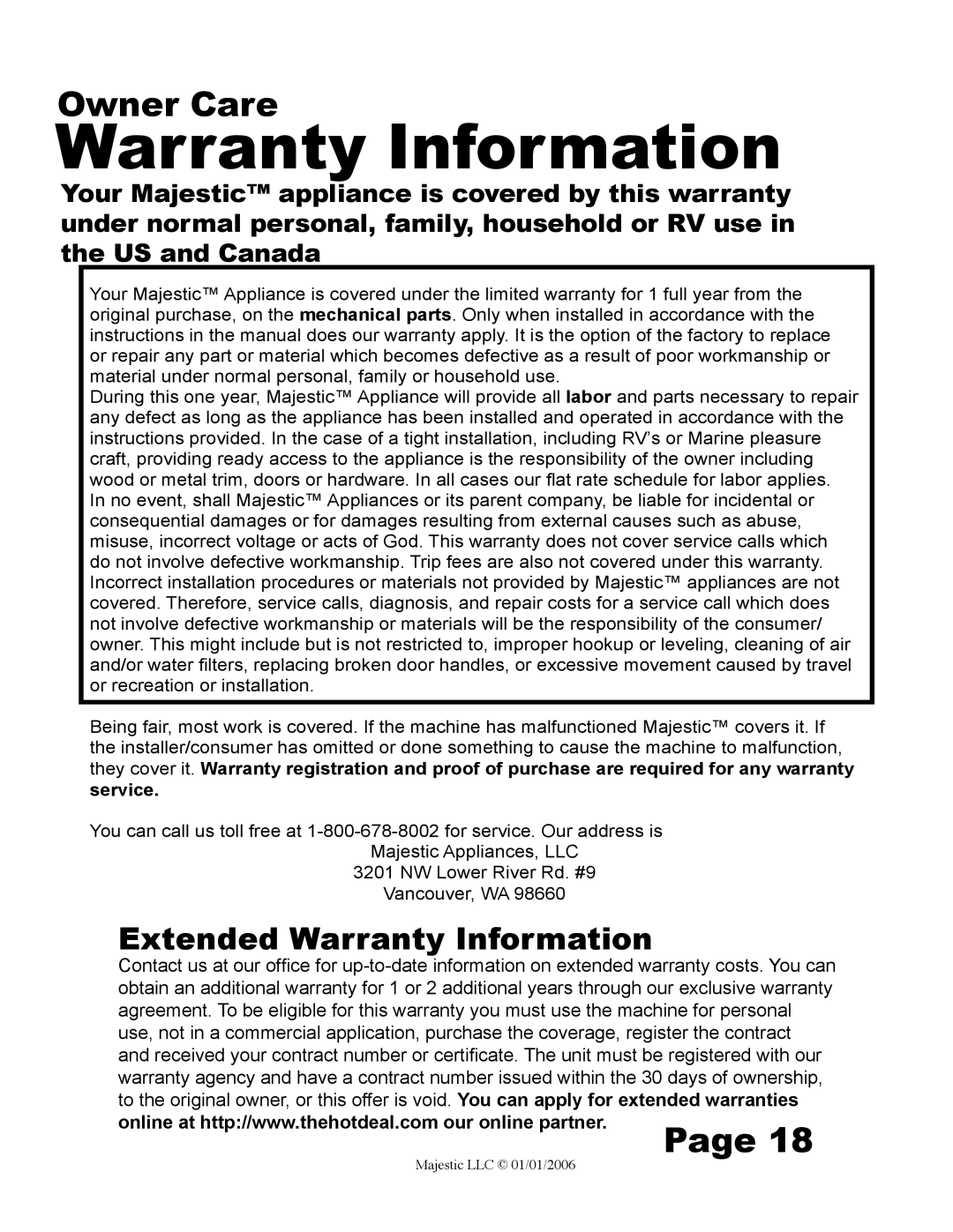 Majestic Appliances MJ-9000VG owner manual Extended Warranty Information 